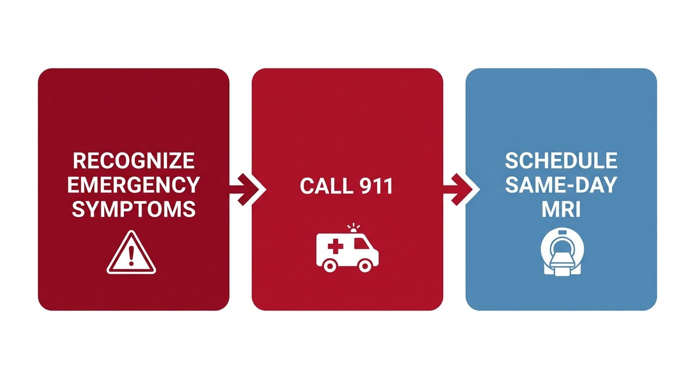 Emergency care decision-flow diagram with three stages: recognize symptoms, call 911, schedule same-day MRI at AZ Advanced Imaging