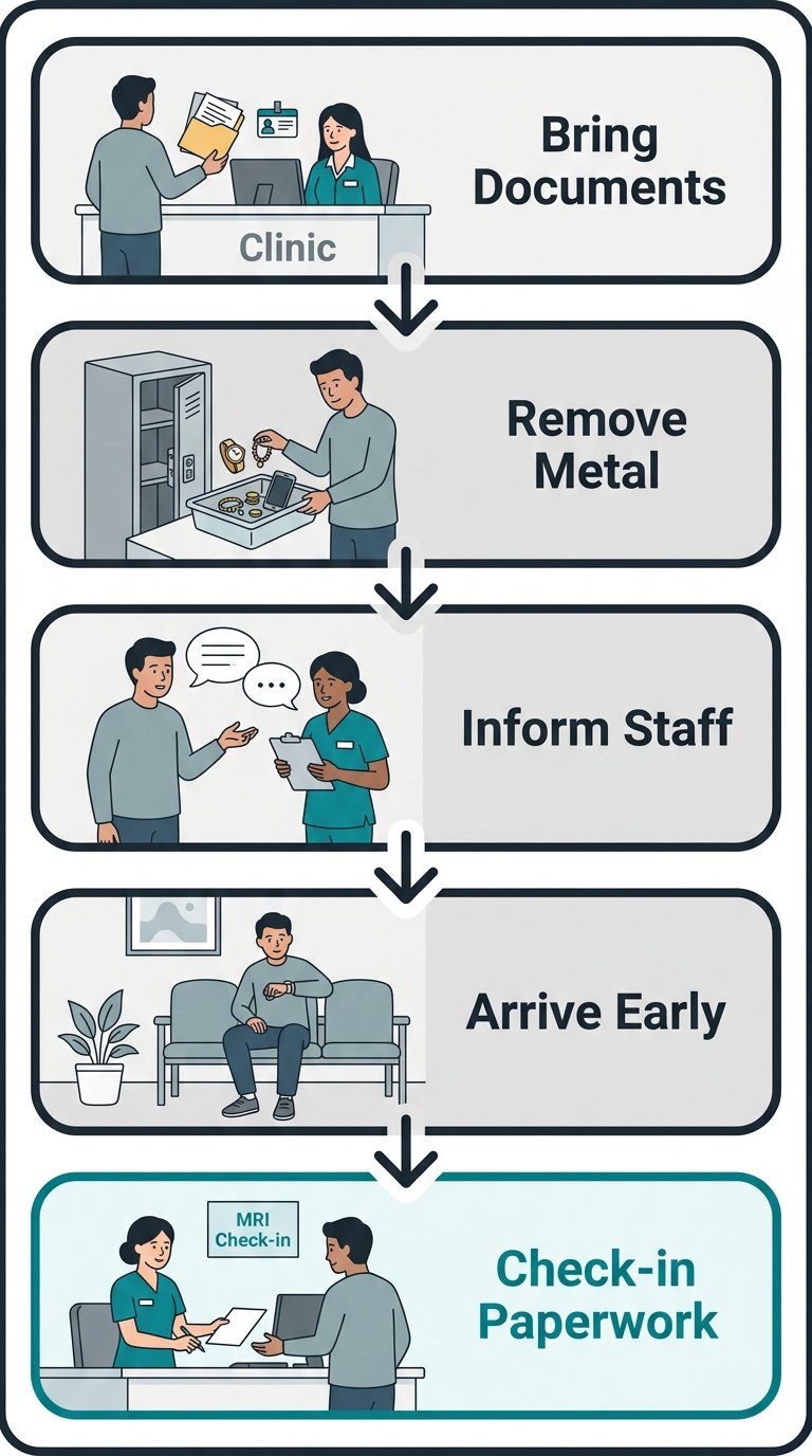 Vertical process flow diagram with five preparation steps for an MRI scan: Bring Documents, Remove Metal, Inform Staff, Arrive Early, and Check-in Paperwork, connected by downward arrows with teal icons on a white background.