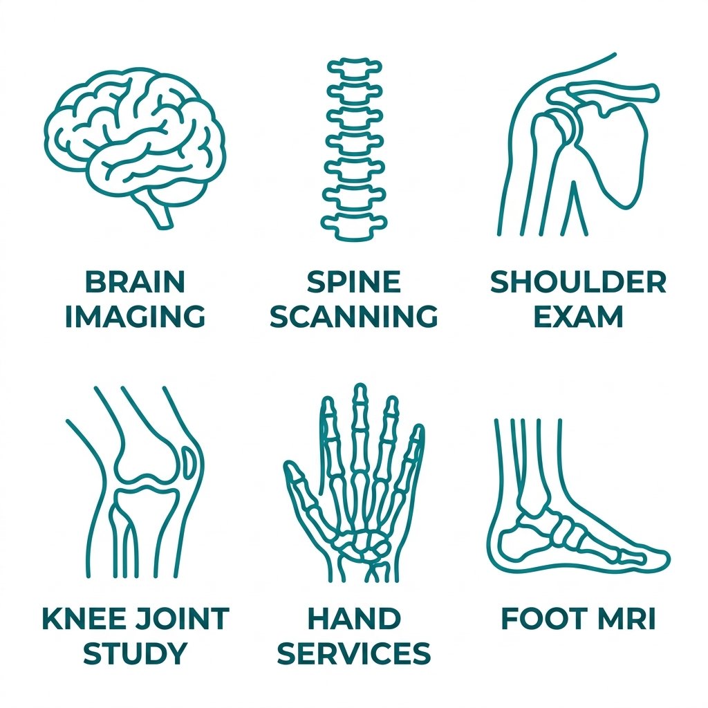 Two rows of three outline icons for open MRI services: brain, spine, shoulder, knee, hand, and foot with labels