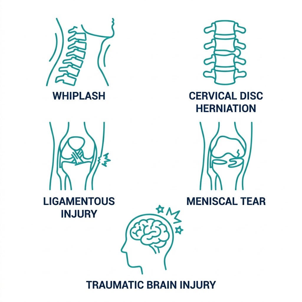 Set of five flat outline icons in teal on white background: neck and spine for whiplash, spinal disc for herniation, knee joint for ligament injury, knee with tear for meniscal tear, and brain for traumatic brain injury, each labeled in dark blue.