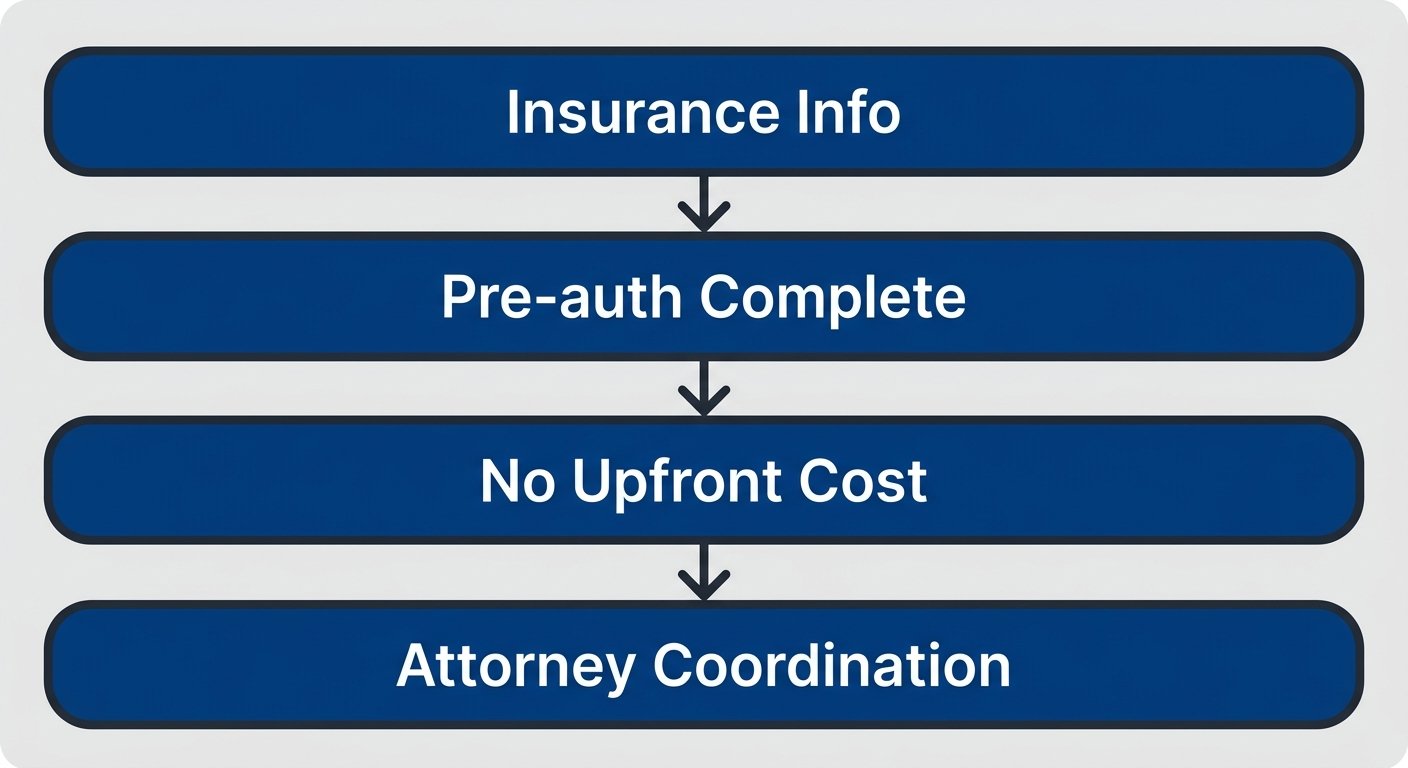 Vertical process flow diagram showing four steps: patient provides insurance info, pre-authorization handled, no upfront cost for lien patients, and coordination with personal injury attorney.