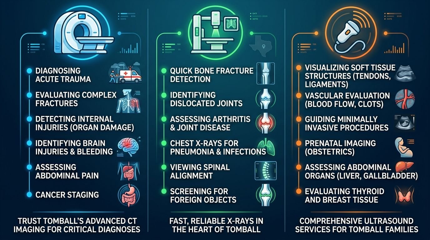 Infographic showing three columns for CT scans, X-rays, and ultrasound services at a Tomball imaging center, with condition bullet points and local service tagline.