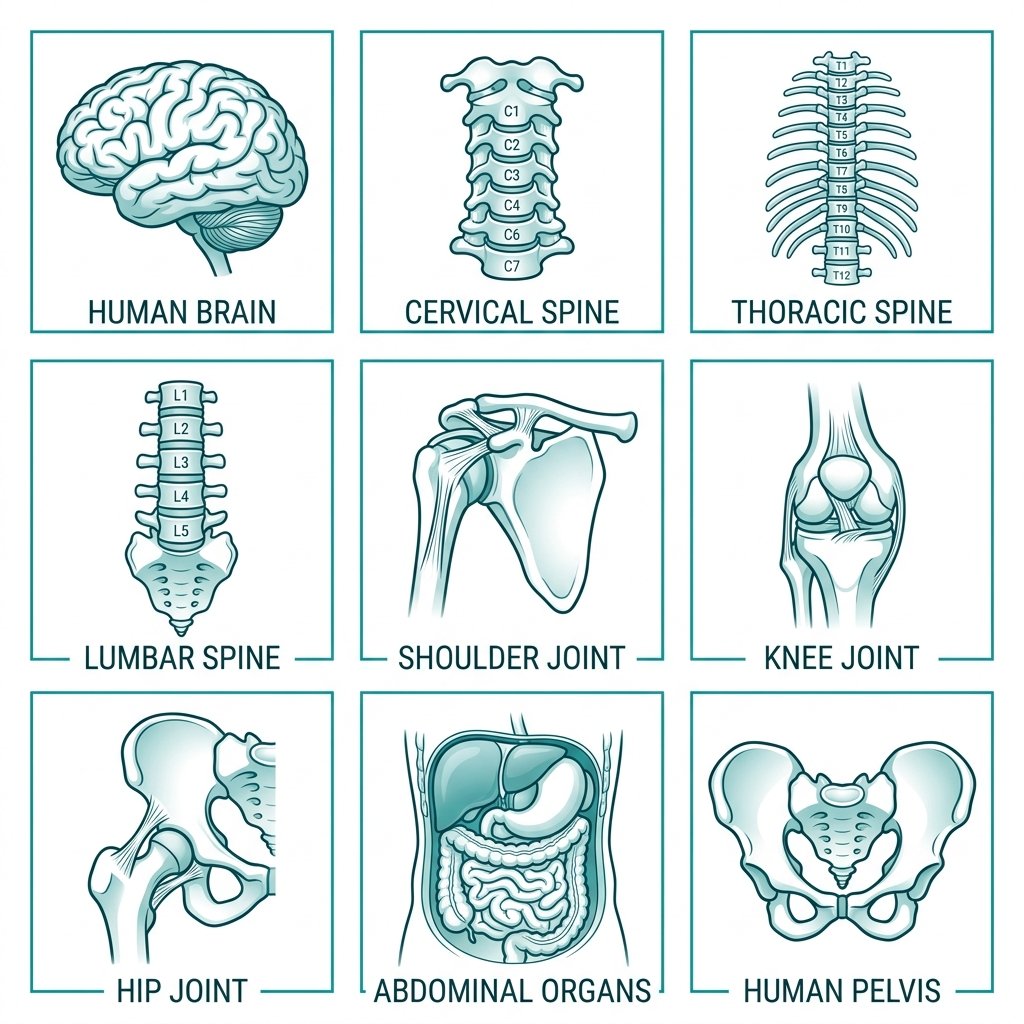 Grid of nine MRI exam type icons in teal outline style on white background, with labels: brain, cervical spine, thoracic spine, lumbar spine, shoulder, knee, hip, abdomen, pelvis.