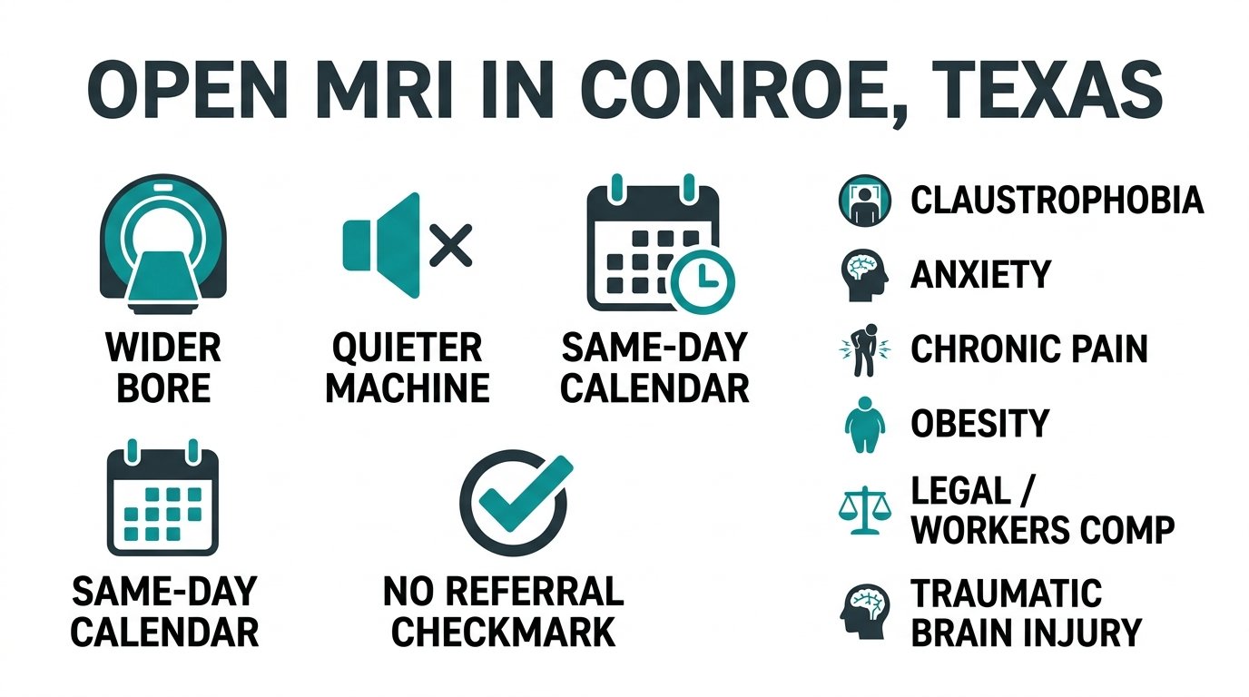 Infographic depicting open MRI features in Conroe, Texas with icons for wider bore, quiet design, same-day appointments, no referral required, and a list of conditions including claustrophobia, anxiety, chronic pain, obesity, legal and workers comp cases.