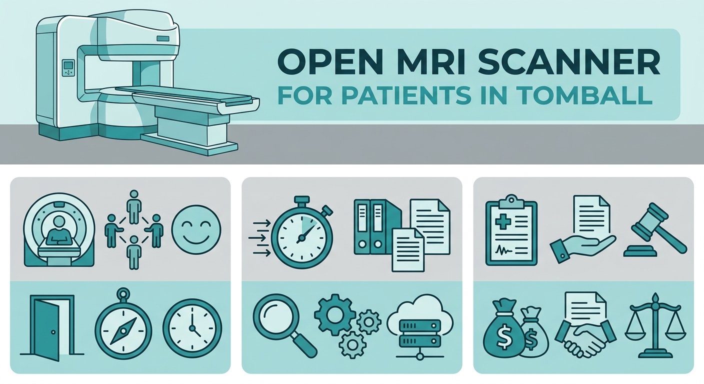 Infographic with open MRI scanner illustration and three icon-based benefits: comfort, fast report turnaround, and lien acceptance