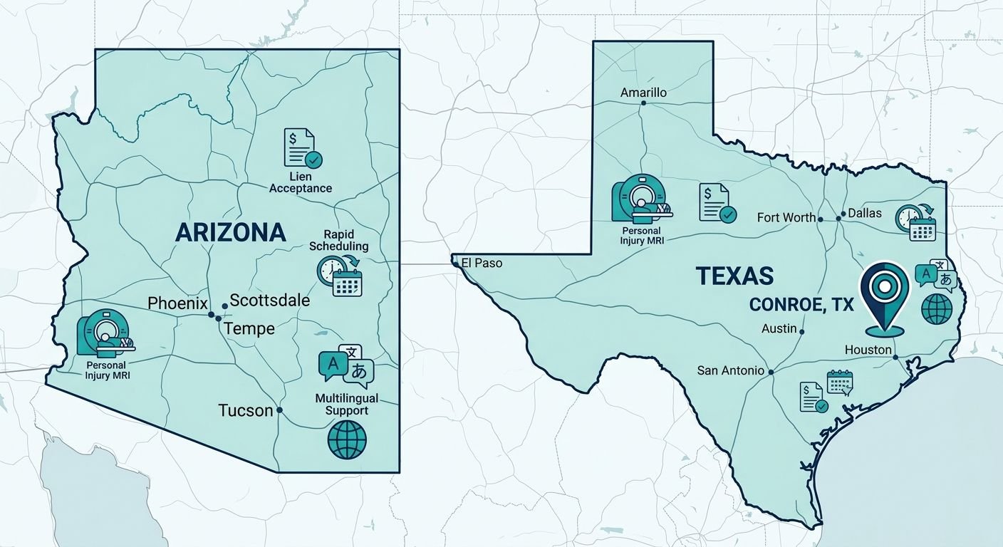 Infographic map of diagnostic imaging service areas in Arizona and Texas with Conroe, TX highlighted and icons for personal injury MRI, lien acceptance, rapid scheduling, and multilingual support.