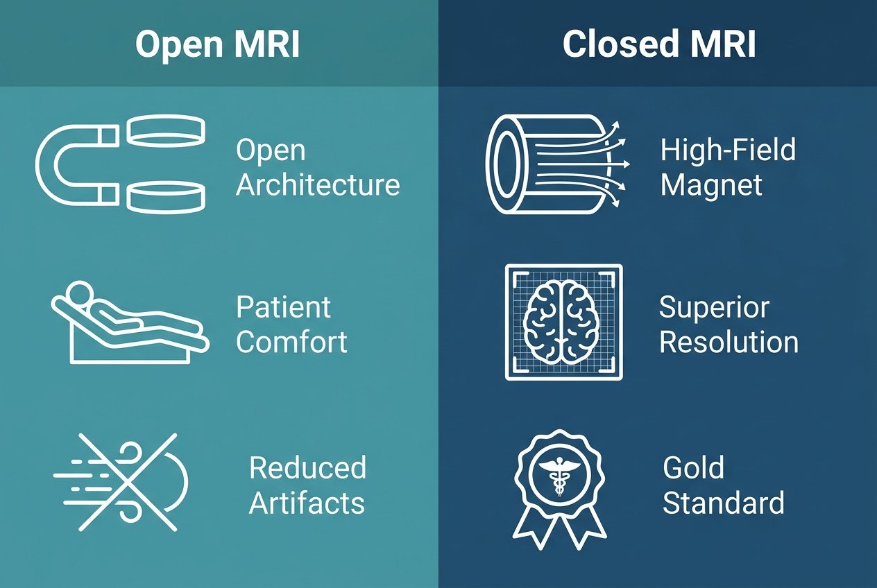 Infographic with two columns comparing Open MRI and Closed MRI features. Left column shows icons for open architecture, patient comfort, and reduced motion artifacts. Right column shows icons for high-field magnet, superior resolution, and gold standard emblem.