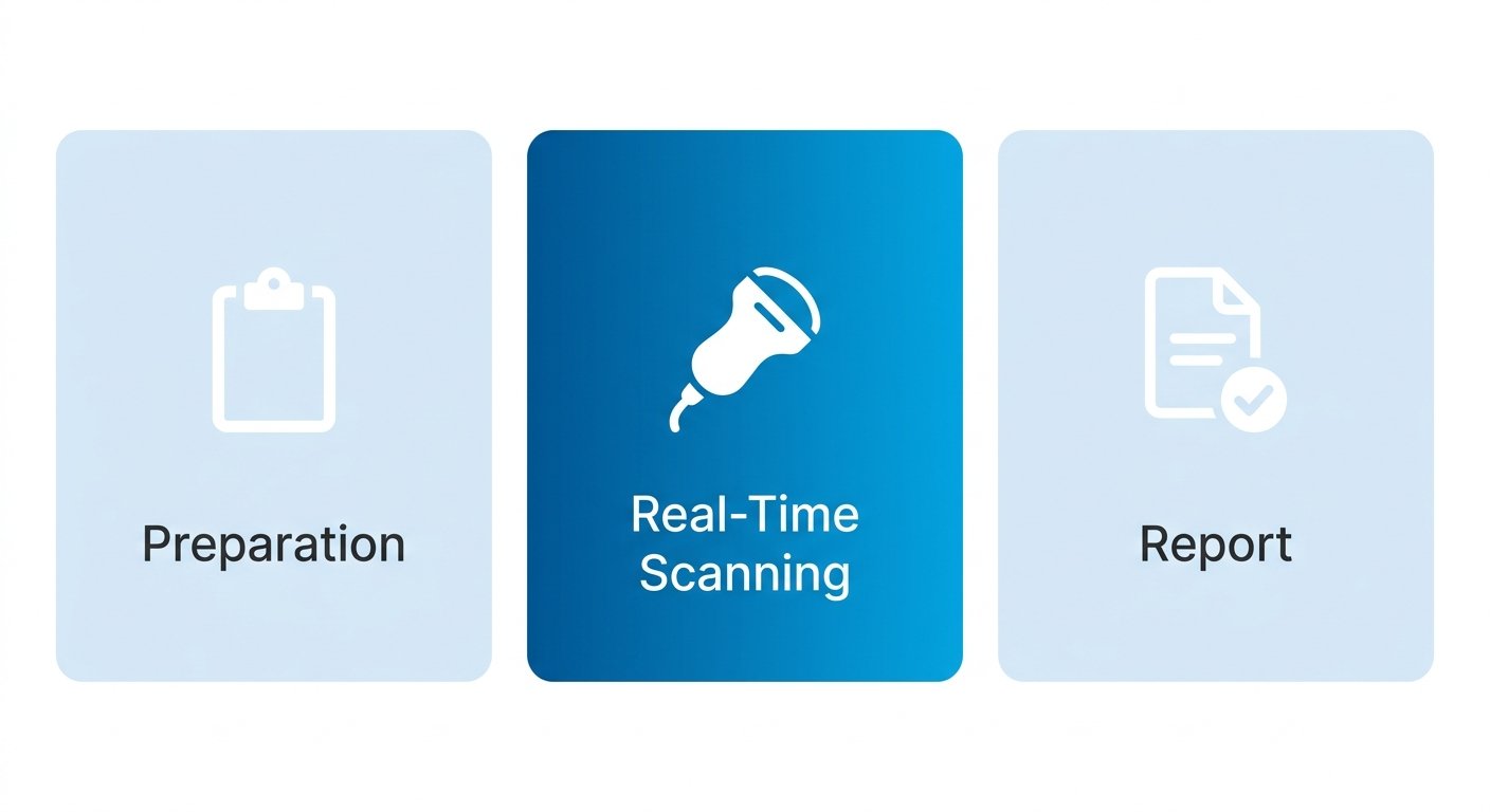 Horizontal process flow showing three stages of dynamic MSK ultrasound procedure at Arizona Advanced Imaging: Preparation, Real-Time Scanning, and Report, with 24-48 hour turnaround indicated.