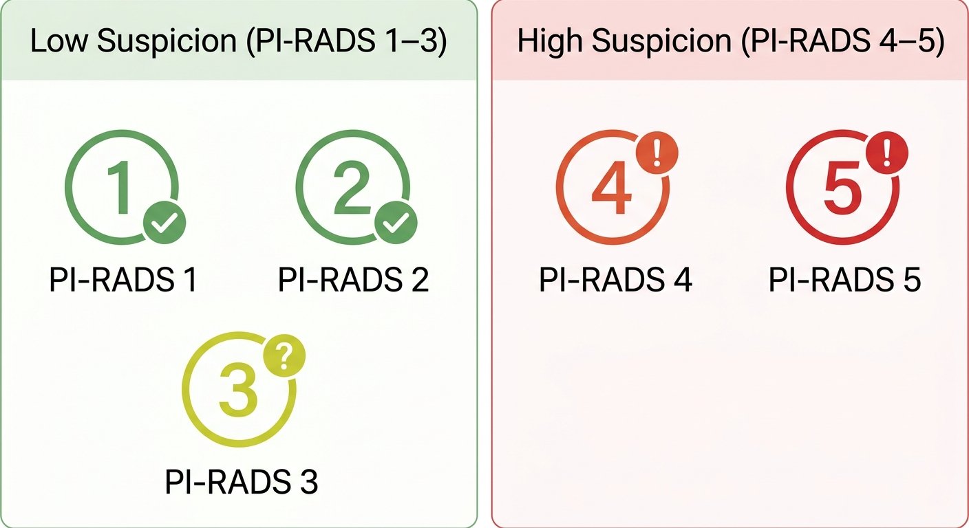 Infographic comparing low suspicion and high suspicion PI-RADS scores with colored circles and labels for prostate cancer MRI assessment.