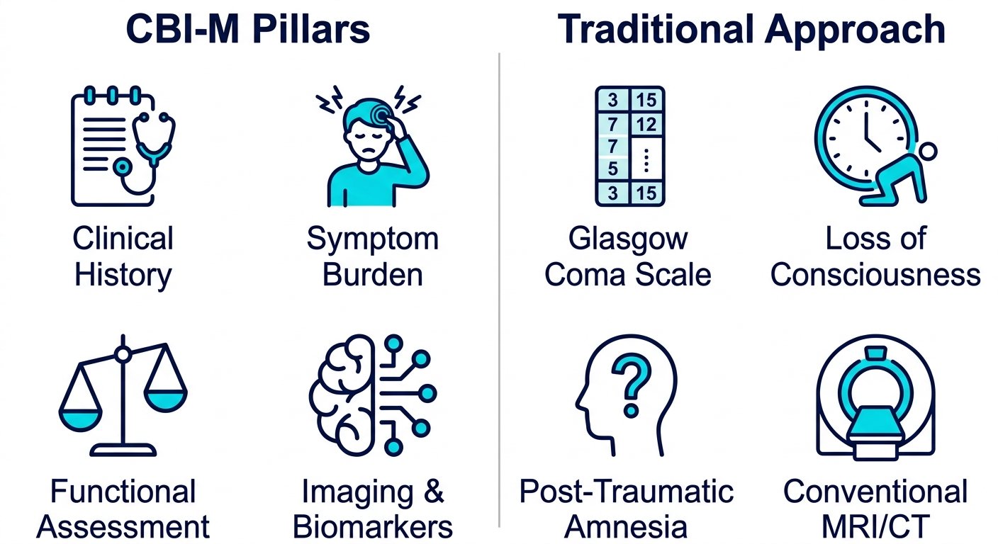 Side-by-side infographic comparing the four CBI-M Pillars (Clinical History, Symptom Burden, Functional Assessment, Imaging & Biomarkers) with the Traditional Approach (Glasgow Coma Scale, Loss of Consciousness, Post-Traumatic Amnesia, Conventional MRI/CT) using clean line icons on a white background with navy and cyan accents.
